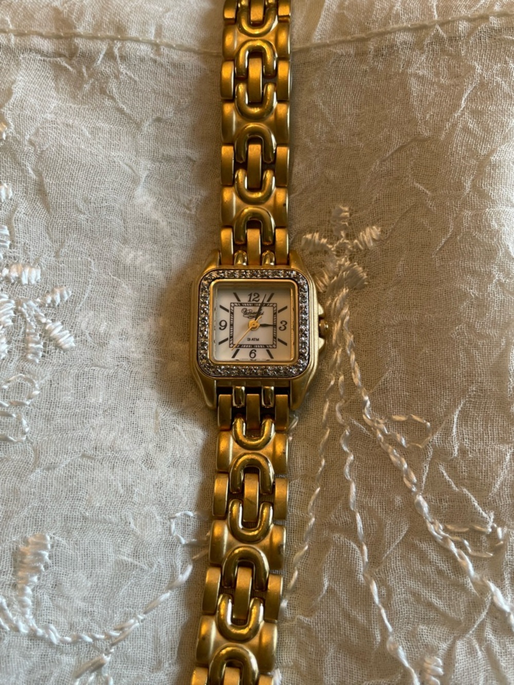 Versailles Gold Tone Women's Crystal Bezel Link Watch with White Dial. 7”. - Picture 2 of 5
